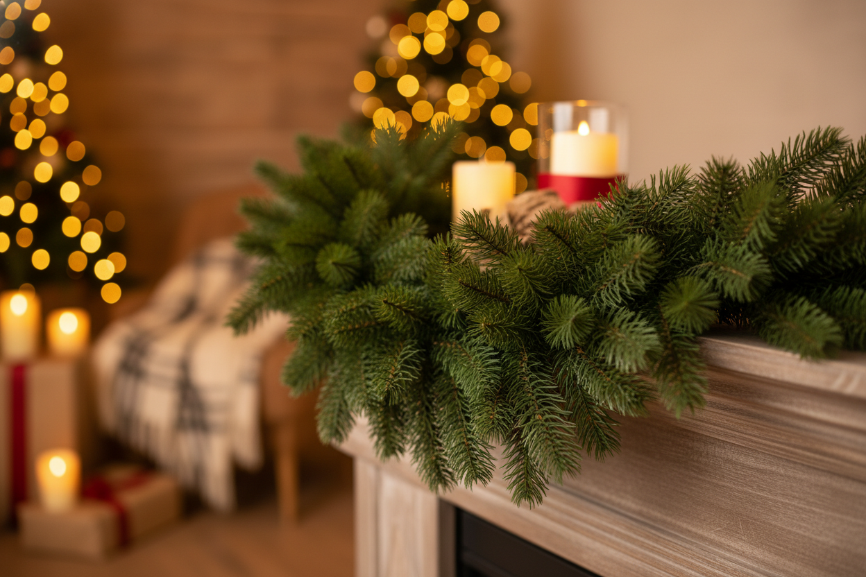 Коледен декоративен гирлянд с елхови клонки.Коледен декоративен гирлянд, зелен 2.7м x 10см 
cozy background focusing the items