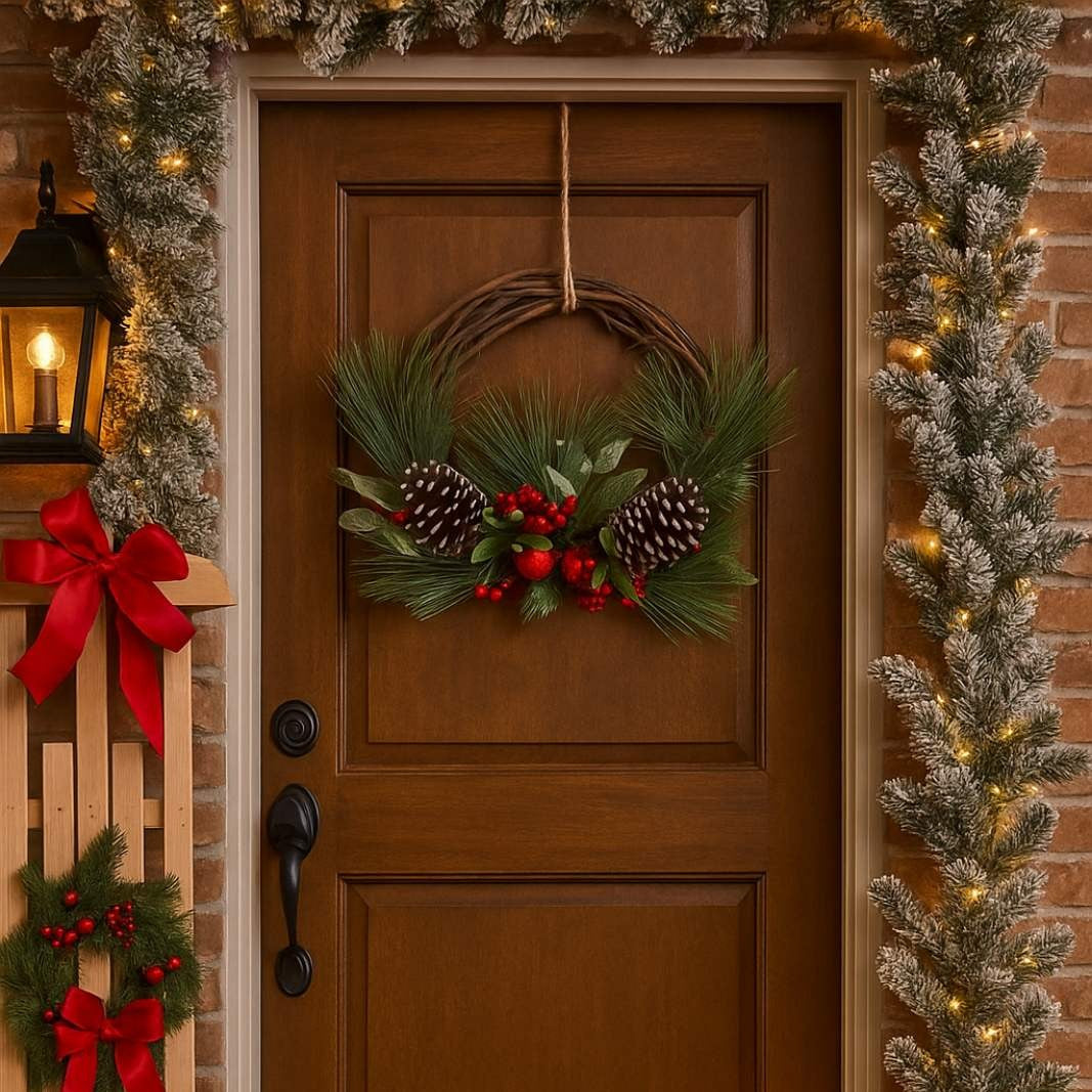 Коледен венец с шишарки, червени плодчета и орнаменти