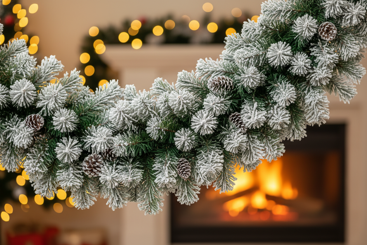 Коледна декоративна гирлянда със 225 заснежени елхови клонки и малки шишарки Коледна декоративна гирлянда в зелено, със заснежен ефект, 225 клонки, размер 2,7 м x 20 см cozy background focusin the item
