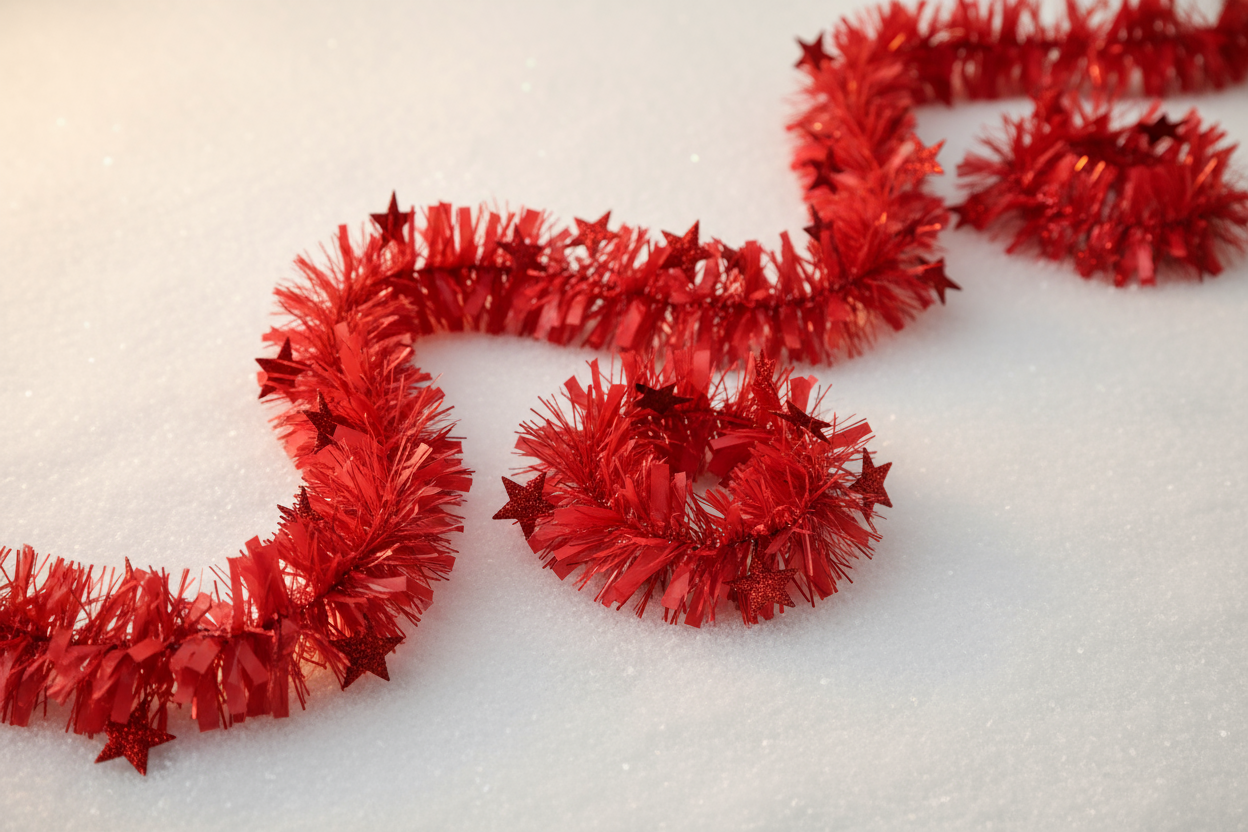Коледен гирлянд, червен 3мx6см с малки червени звездички на върха на някой от пластмасовите лентички 

