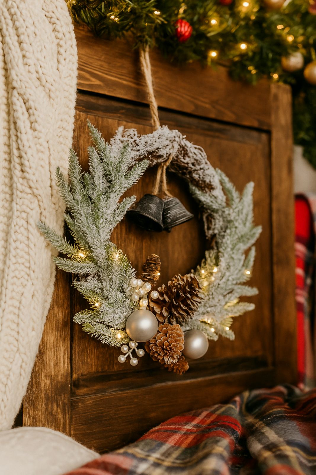 Заснежен зелен коледен венец с шишарки, звънчета и LED светлини