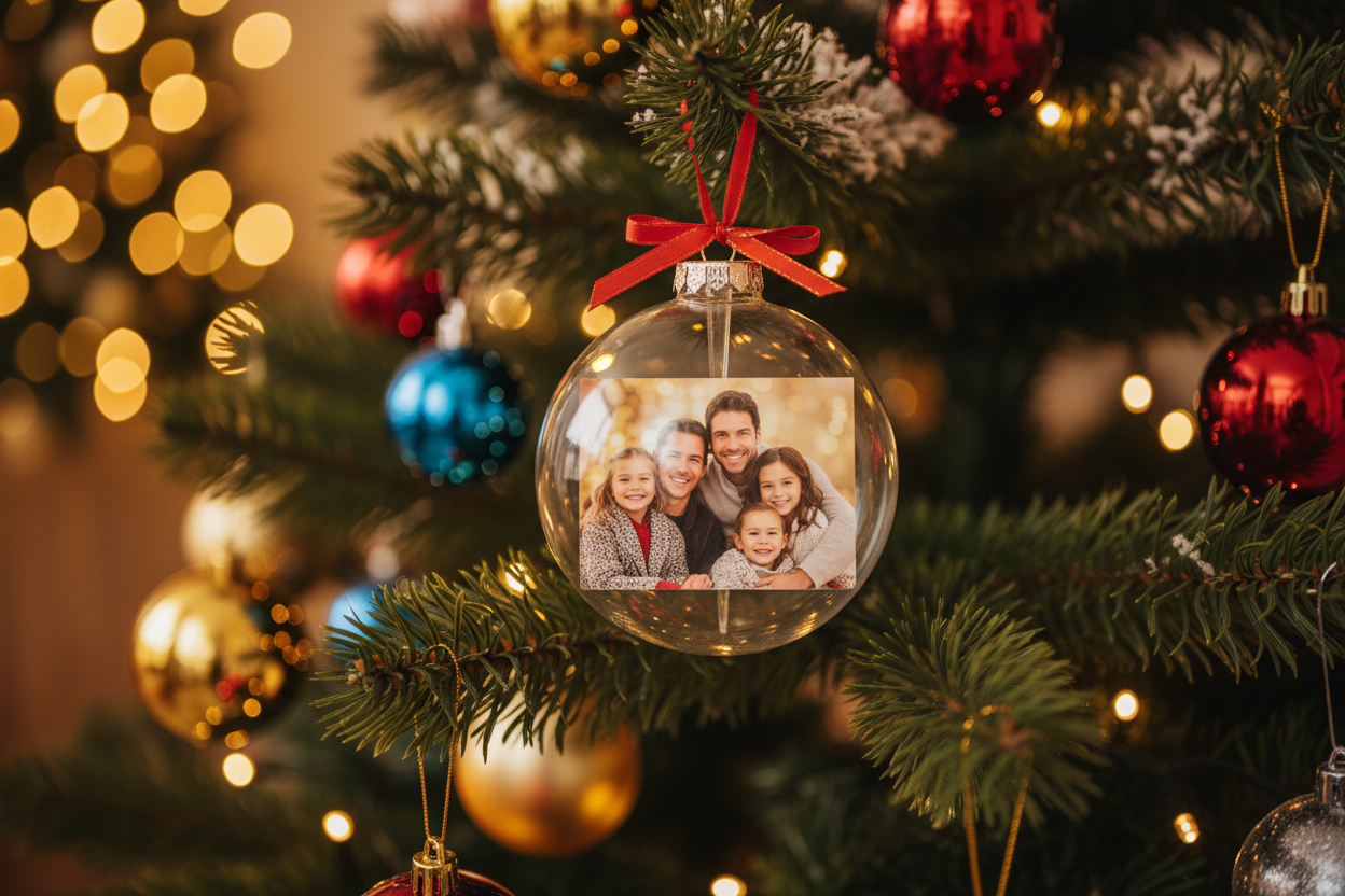 с тази информация да ми напишеш описание за продукт като трябва да е е приказно и добре изглеждащо : Коледна украса за елха – прозрачна топка за снимка, 8 см
Коледна украса за елха – прозрачна топка, в която можете да поставите своя снимка и да я направите уникална.

Съчетайте различни цветове, форми и размери за неповторима коледна украса и декорация на вашето дърво.
cozy обстановка която да наблегне на позиционирането на артикула закачен към елха. добави някаква семейна снимка вътре като образец