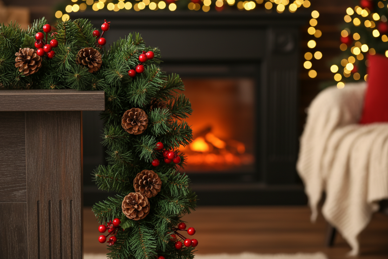 Коледна декоративна гирлянда зелена с червени плодчета 9 шишарки, 2,7мx26см да излгежда че е герлянд от пластмасови компоненти като искам да е във фокус на артикула с по cozy background 