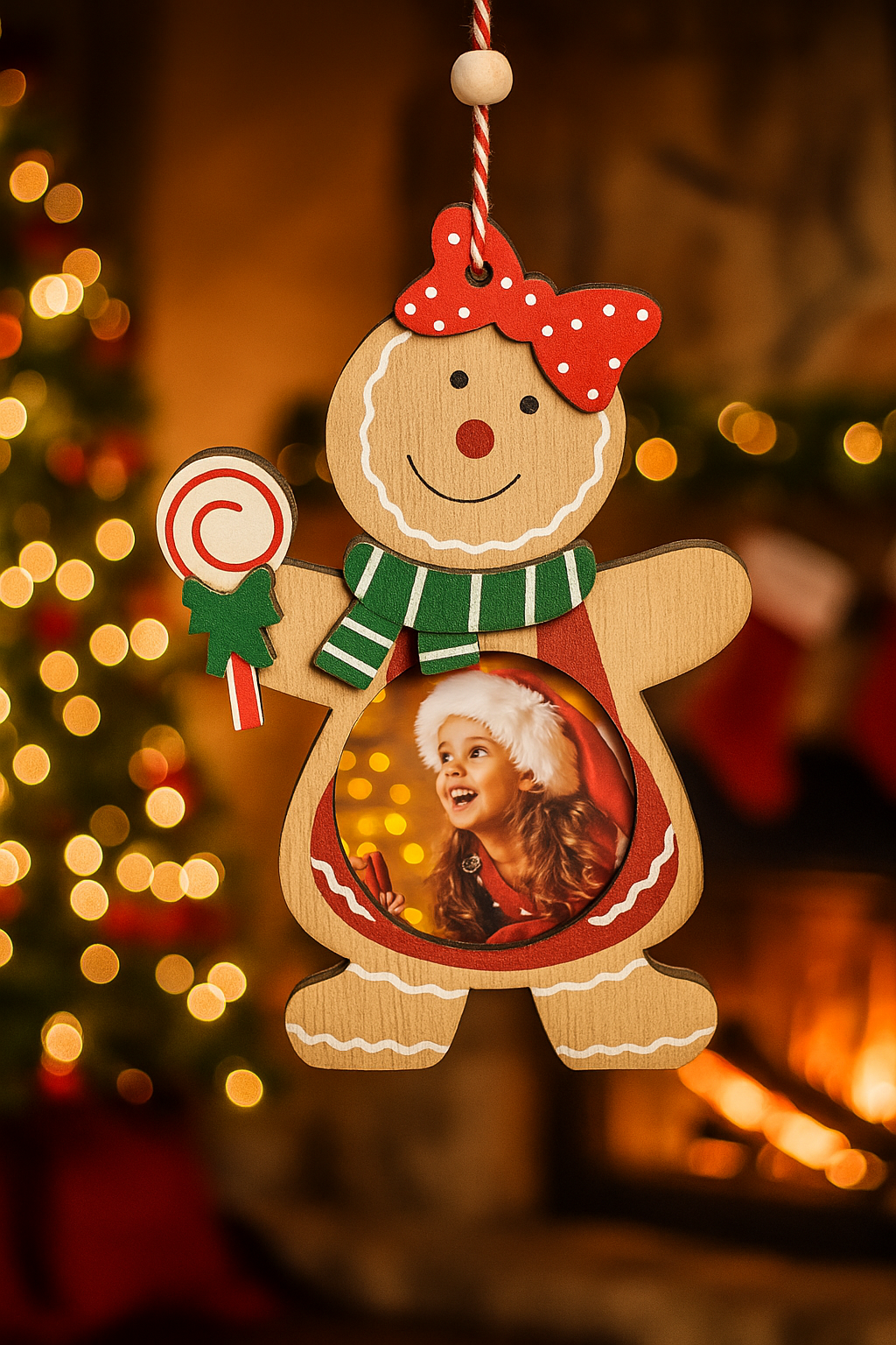 Коледен дървен фоторам „Коледна фея“ – Дизайн с джинджифилово момиче