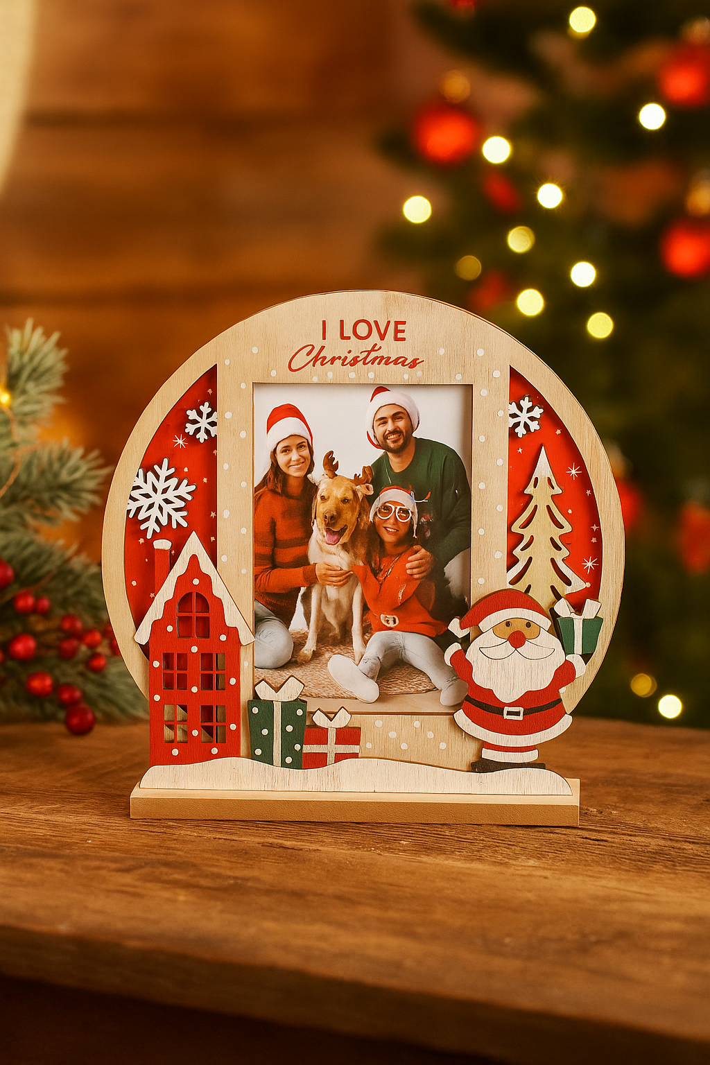 Дървена коледна фоторамка – Сцена с надпис „I Love Christmas“