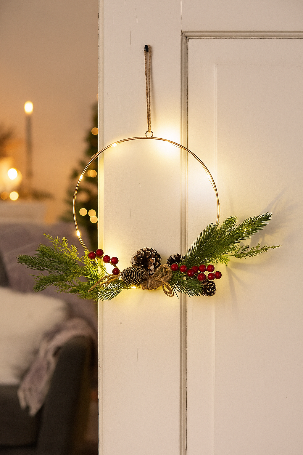 Коледен метален венец с клонки и LED светлини