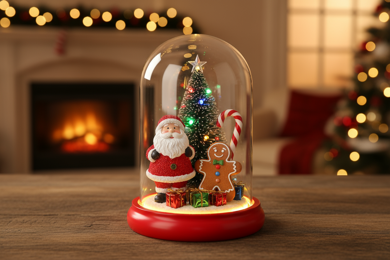 Add a burst of festive cheer to your holiday décor with this charming LED Santa Dome. The vibrant red base supports a crystal-clear dome that reveals a delightful scene: Santa Claus standing beside a cute gingerbread cookie, a candy cane, a snow-tipped Christmas tree, and colorful gift boxes.
When lit, the warm LED glow brings the entire display to life, making it a perfect seasonal accent for any room or an adorable Christmas gift. cozy background