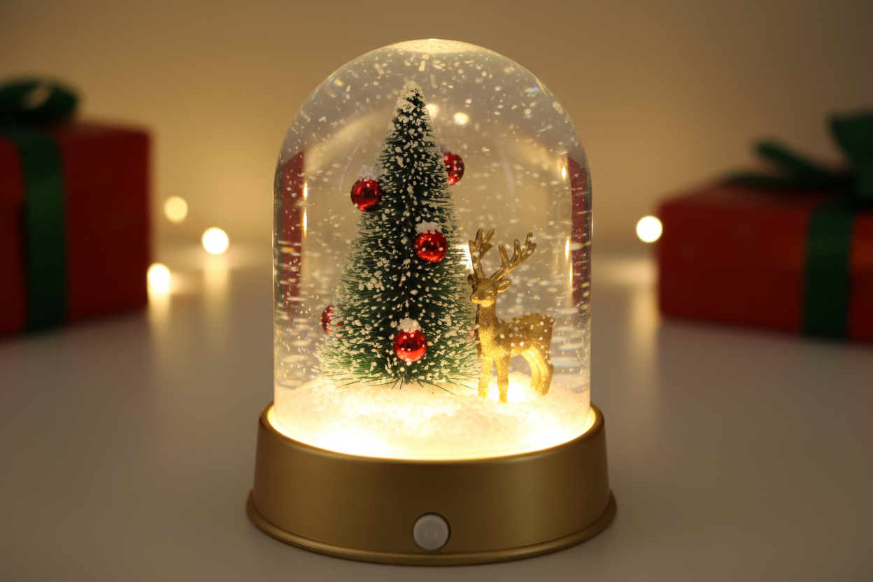 Bring festive charm into your home with the LED Light-Up Dome, featuring a Green snowed Christmas tree with red balls , a delicate gold colored deer figure, the dome base colored in gold and a snowy winter scene. The warm LED glow creates a cozy and magical atmosphere, perfect for enhancing your holiday décor. по евтино направено