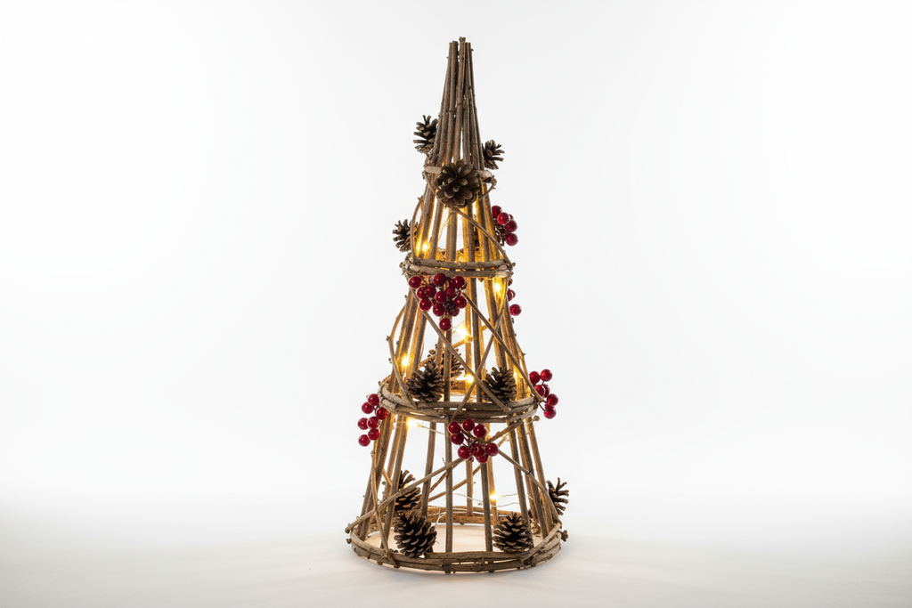 charming illuminated slim and tall cone-shaped braided with wooden sticks Christmas tree without pine leafs. Designed natural pinecones, and festive red berries, it creates a warm and inviting holiday atmosphere.
The tree features 15 integrated warm white LED lights that gently illuminate the arrangement, adding a soft festive glow to any room. 