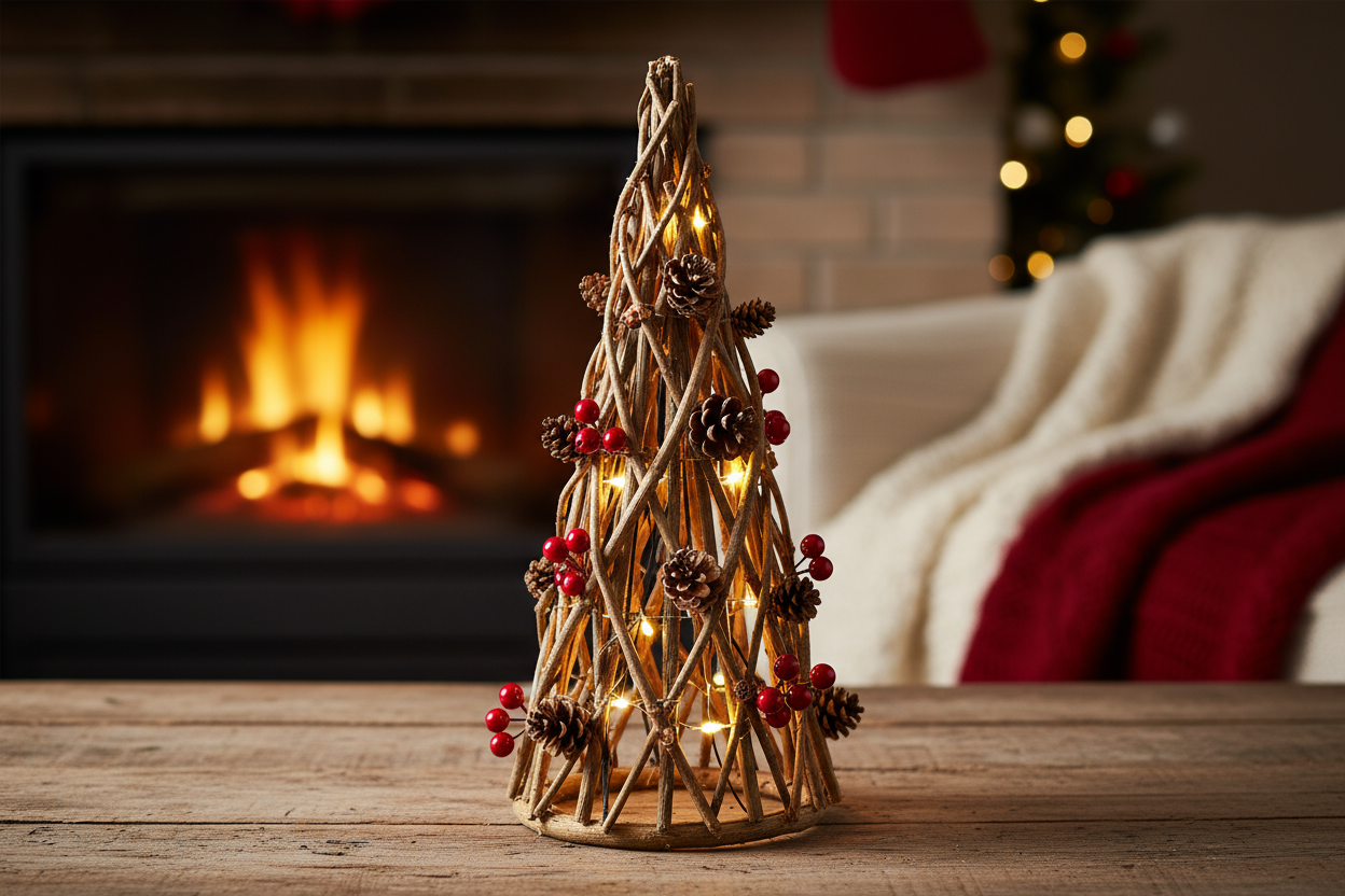 charming illuminated slim and tall cone-shaped braided with wooden sticks Christmas tree without pine leafs. Designed with natural pinecones, and festive red berries, it creates a warm and inviting holiday atmosphere.
The tree features 15 integrated warm white LED lights that gently illuminate the arrangement, adding a soft festive glow to any room. and cozy background to represent the item