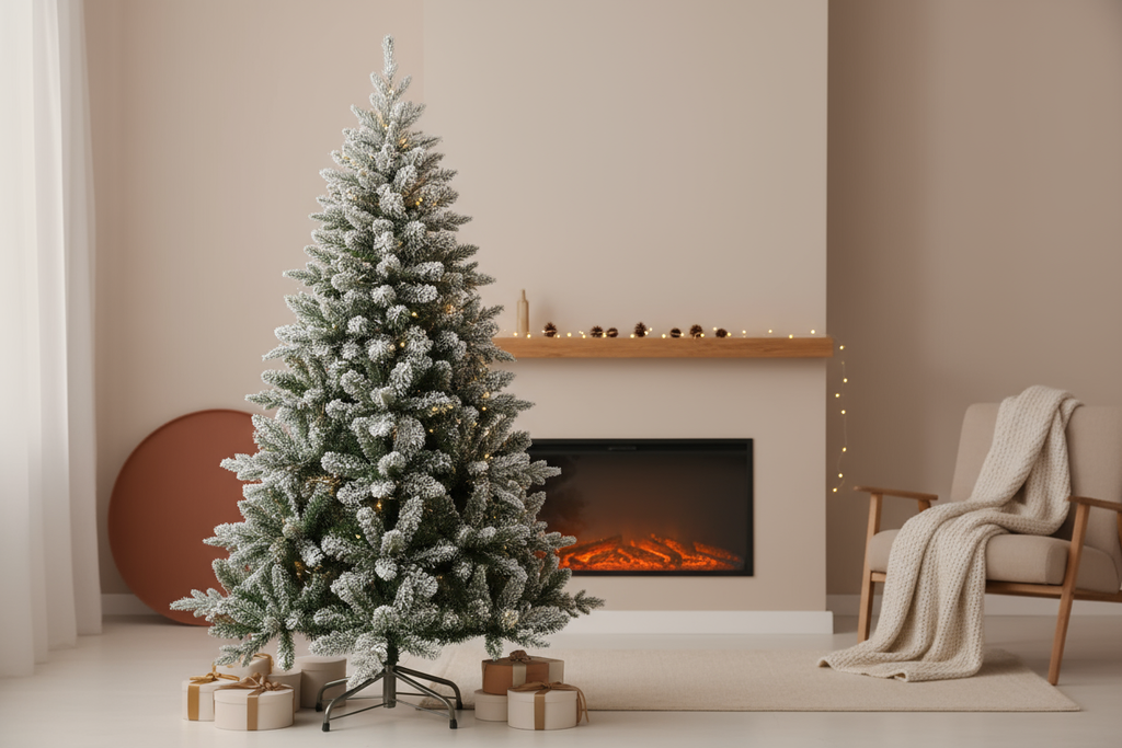 в cozy коледен фон отличаващ бялото на елхата но по изчистен понеже все пак е снимка за обява-Коледна елха, в зелен цвят, със заснежена корона, с 1049 клона- 210cm
Коледна елха, в зелен цвят, със заснежена корона и 1049 вградени клонки (вътрешна част от метал и PVC). С метална основа и лесен монтаж.Диаметър х Височина 142x210cm
Вид елха Заснежено
Тип на елхата Класическо
Размери на елхата Голямо(190-295cm) 