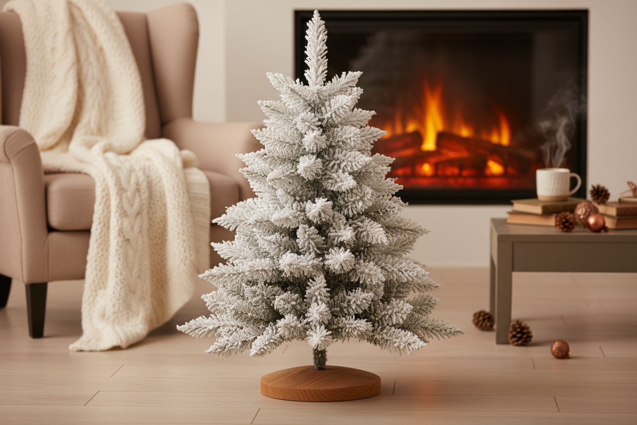 в cozy коледен фон отличаващ бялото на елхата но по изчистен понеже все пак е снимка за обява - Коледна елха, зелена, с гъста заснежена  и 120 вградени клона. Разполага с дървена основа и лесен монтаж. Размери на опаковката 69x26x26cm
Диаметър х Височина 53x120cm
Вид елха Заснежено
Тип на елхата Класическо
Размери на елхата Малко(0-125cm) 