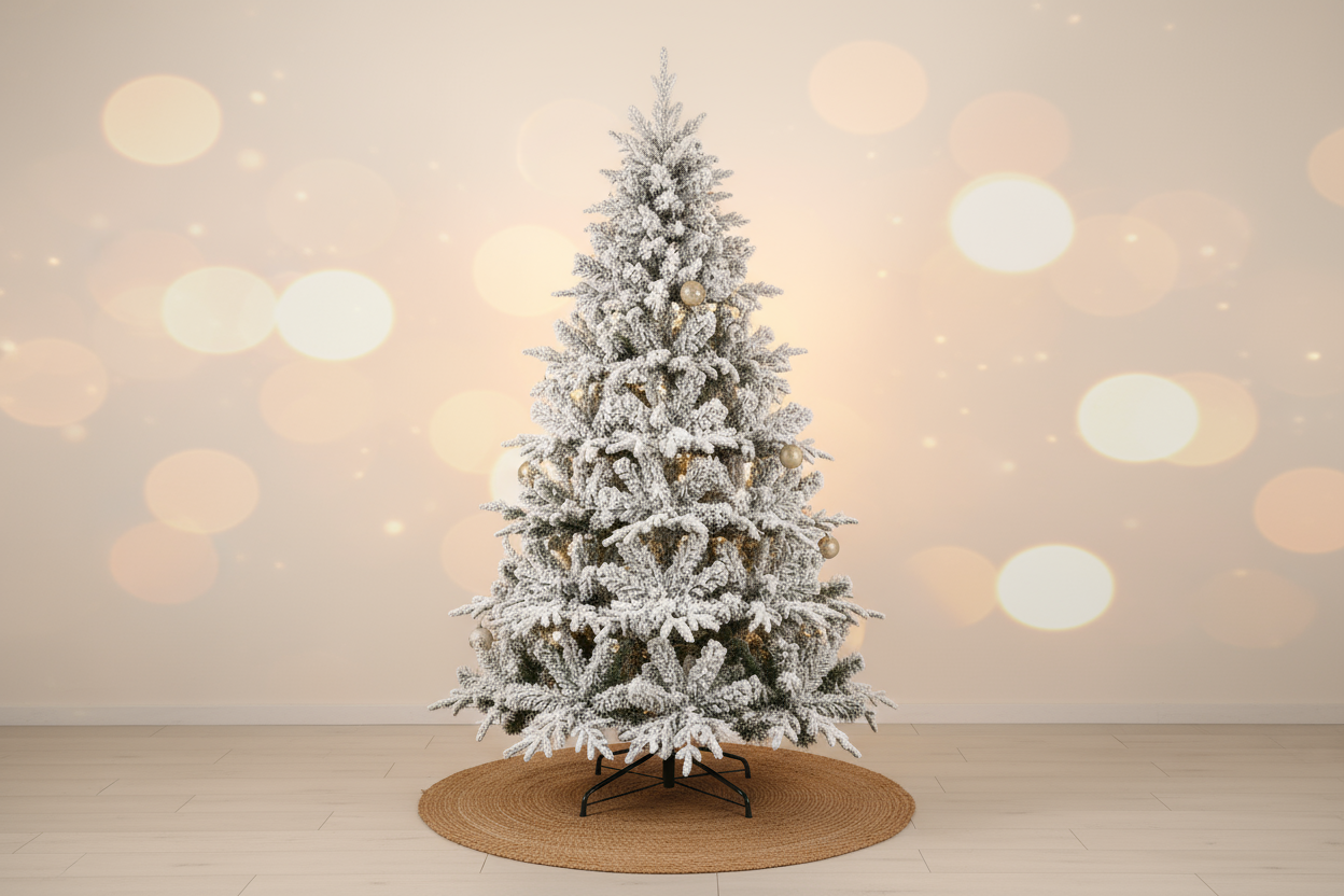 в cozy коледен фон отличаващ бялото на елхата но по изчистен понеже все пак е снимка за обява-Коледна елха със заснежен ефект, 1467 клона – 240см
Коледна елха в зелено с заснежена листна маса и 1467 вградени клона (с вътрешна метална структура и PVC покритие). Разполага с метална основа и лесна сглобка.Размери на опаковката 119x32x38cm
Диаметър х Височина 149x225cm
Вид елха Заснежено
Тип на елхата Класическо
Размери на елхата Голямо(190-295cm) 