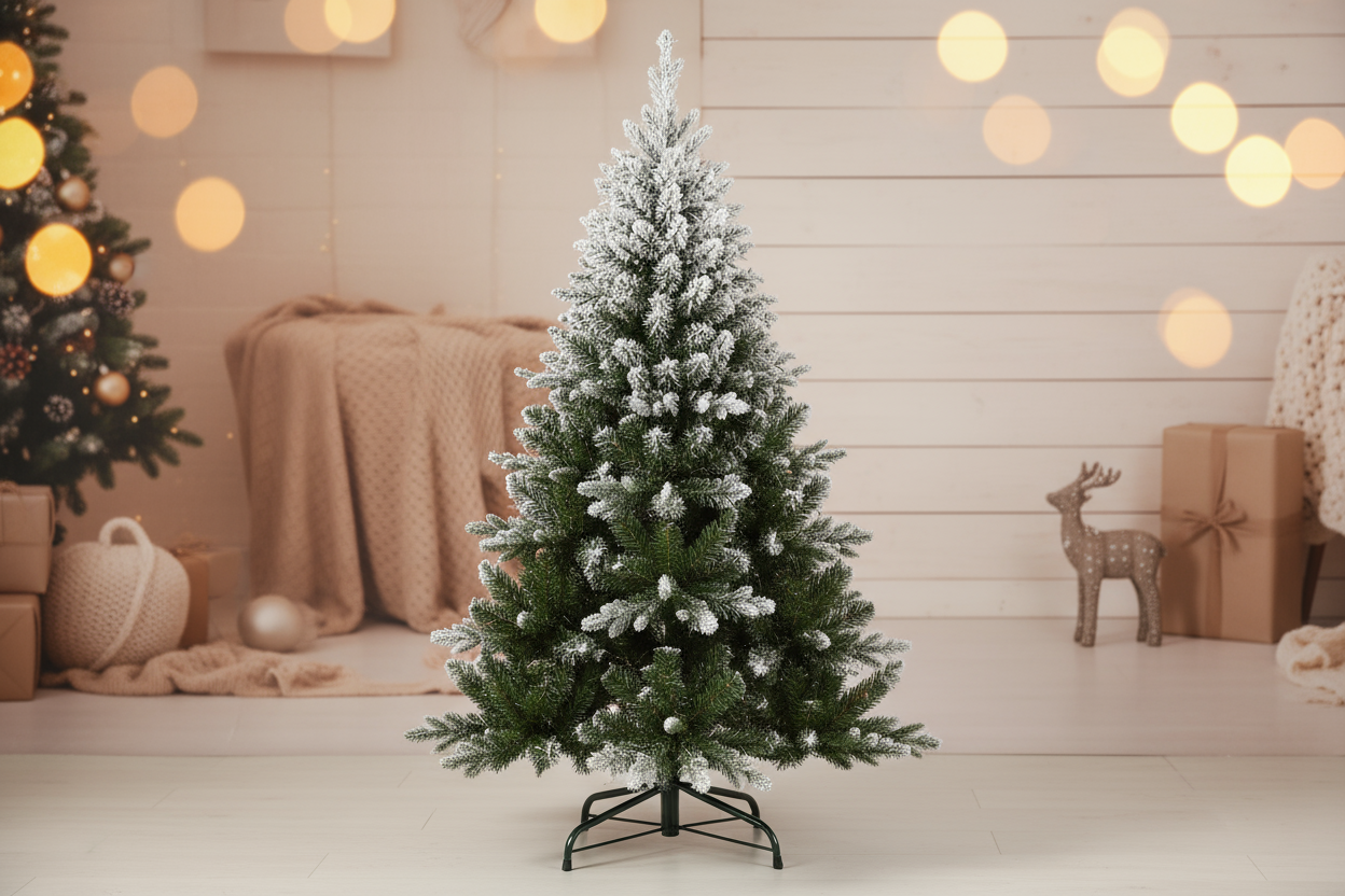 в cozy коледен фон отличаващ бялото на елхата но по изчистен понеже все пак е снимка за обява - Коледна елха, в зелен цвят, със заснежена корона, с 401 клона- 150cm
Коледна елха, в зелен цвят, със заснежена корона и 401 вградени клонки (вътрешна част от метал и PVC). С метална основа и лесен монтаж 