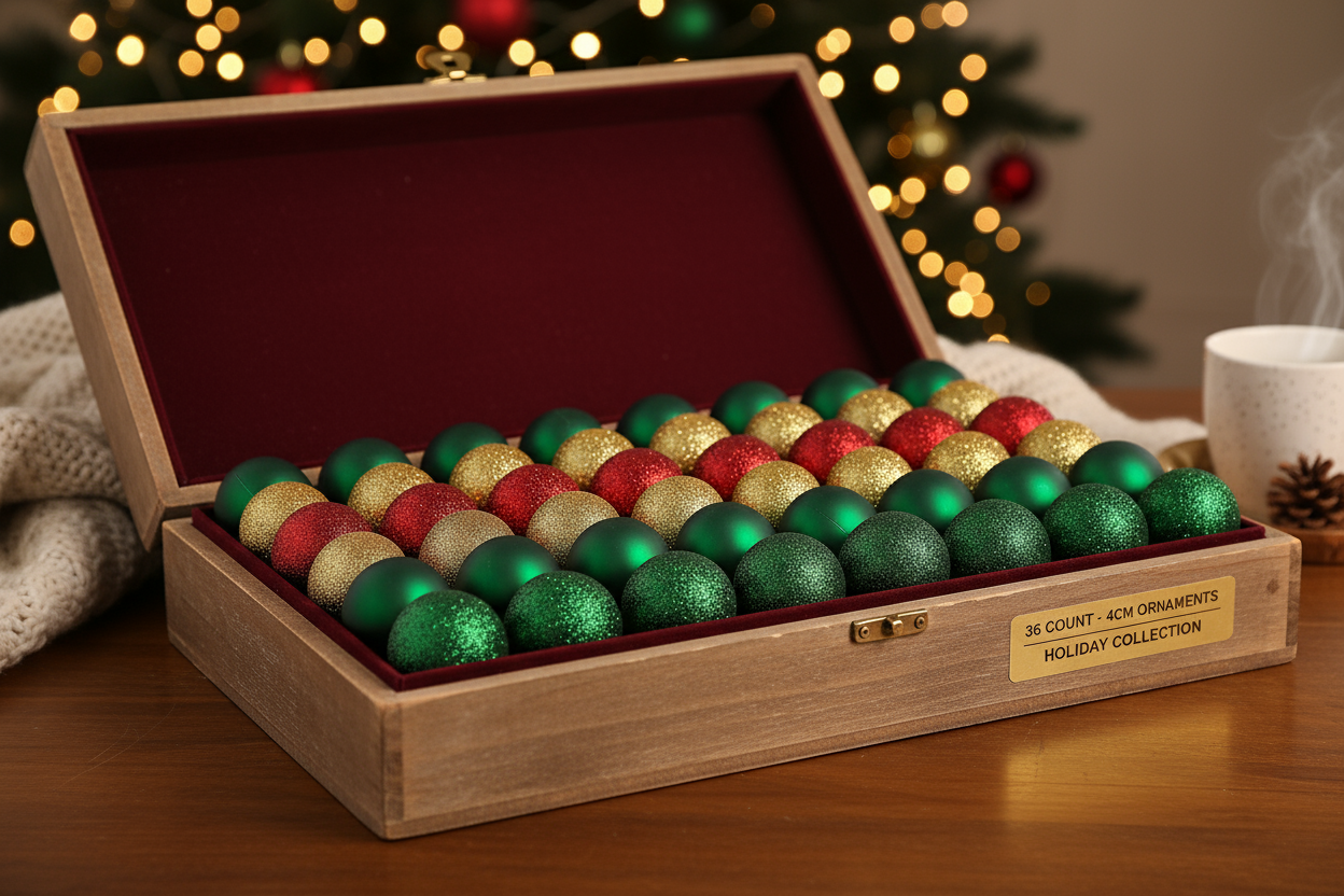 cozy обстановка която да наблегне на позиционирането на коледните топки в кутия.4cm – 36pcs / Christmas tree balls in green, red, and gold – matte (various colors) and glittered (various colors)
