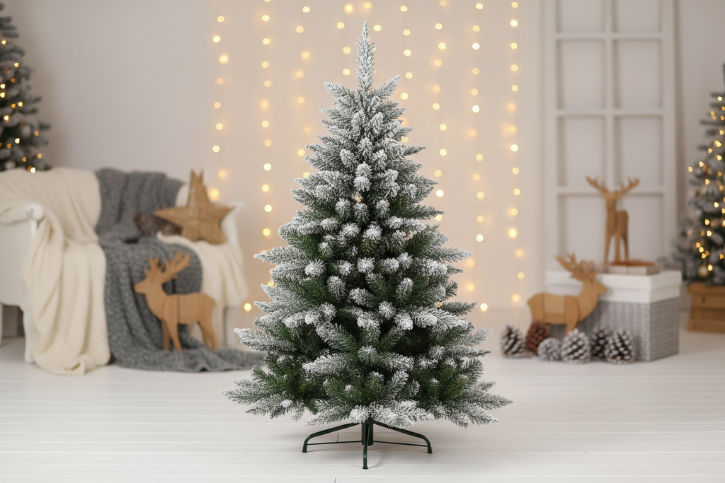 в cozy коледен фон отличаващ бялото на елхата но по изчистен понеже все пак е снимка за обява- Коледна елха, в зелен цвят и заснежена корона, с 521 клона - 180cm
 Коледна елха, в зелен цвят, със заснежена корона и 521 вградени клонки (вътрешната част от метал и PVC). С метална основа и лесен монтаж.Диаметър х Височина 101x180cm
Вид елха Заснежено
Тип на елхата Класическо
Размери на елхата Малко(0-125cm)