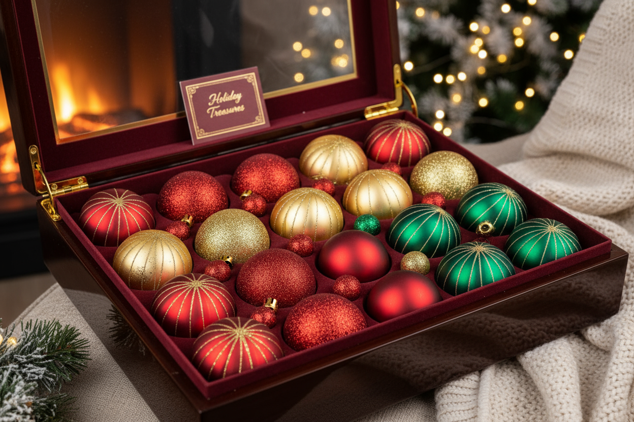 cozy обстановка която да наблегне на позиционирането на коледните топки в кутия.6cm – 24pcs / 2 types of Red: matte with vertical lines – glittered Red / 2 types of Gold: matte with vertical lines – glittered Gold / 2 types of Dark Christmas Green: matte with vertical lines – glittered Dark Green / Bonus: small versions of the large balls included