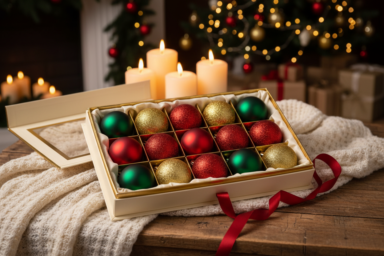 cozy обстановка която да наблегне на позиционирането на коледните топки в кутия.7cm – 12pcs / Christmas tree balls in dark bottle green, red, and gold – matte and glittered, in a pack