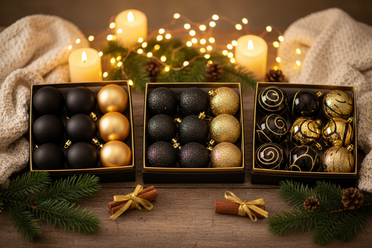 cozy обстановка която да наблегне на позиционирането на коледните топки като искам всеки един вариант в отделна кутия.Black & Gold – matte, glittered, glossy with glitter with    