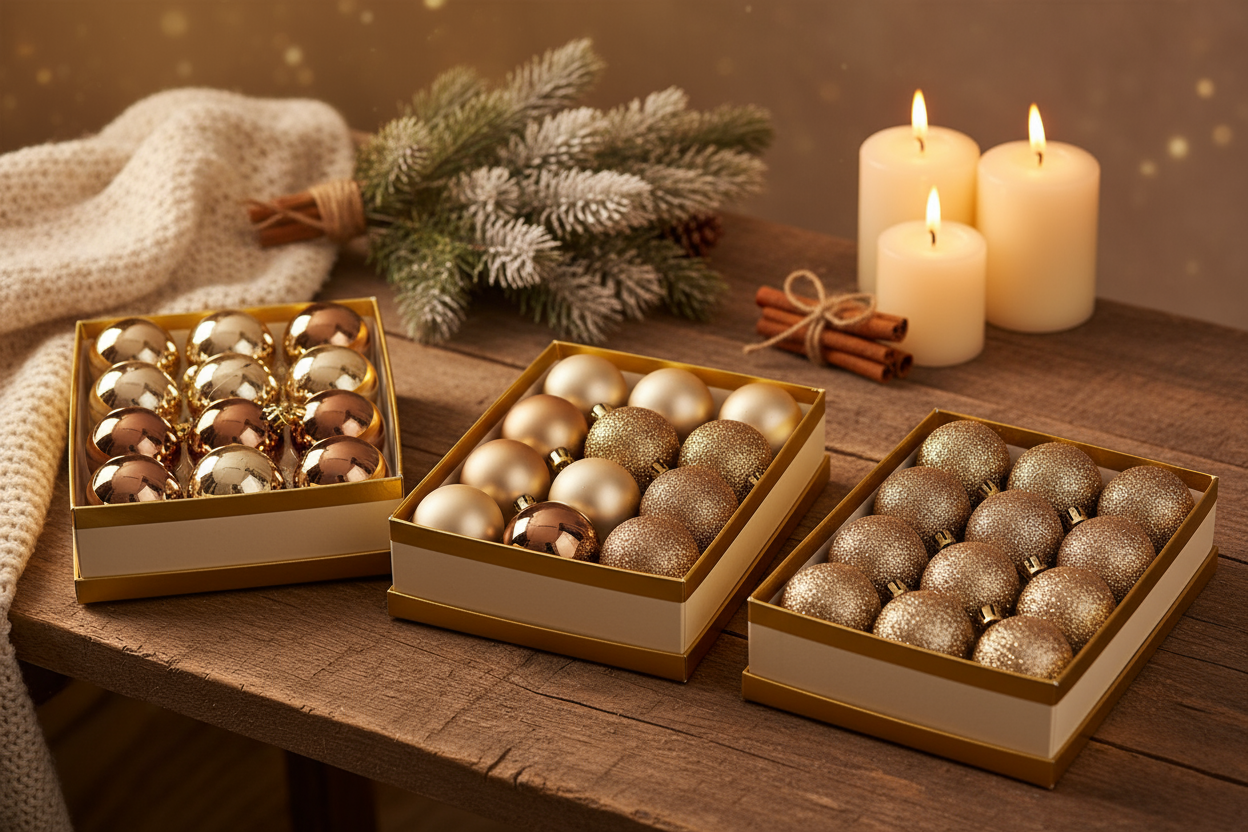 cozy обстановка която да наблегне на позиционирането на коледните топки като искам всеки един вариант в отделна кутия.Champagne & Bronze – glossy, matte, glittered   
