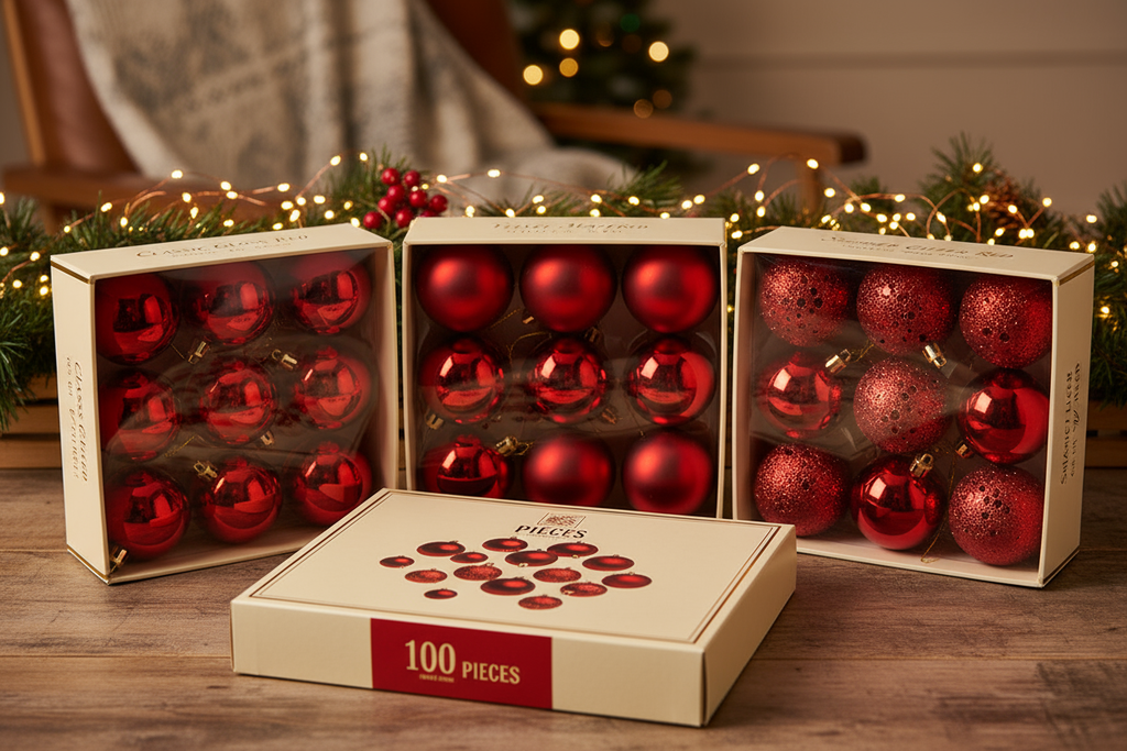cozy обстановка която да наблегне на позиционирането на коледните топки като искам всеки един вариант в отделна кутия.Christmas Red – glossy, matte, perforated glitter / Christmas Red – mixed textures, 3 sizes (3 cm, 4 cm, 6 cm)
да пише че са 100 pieces някъде