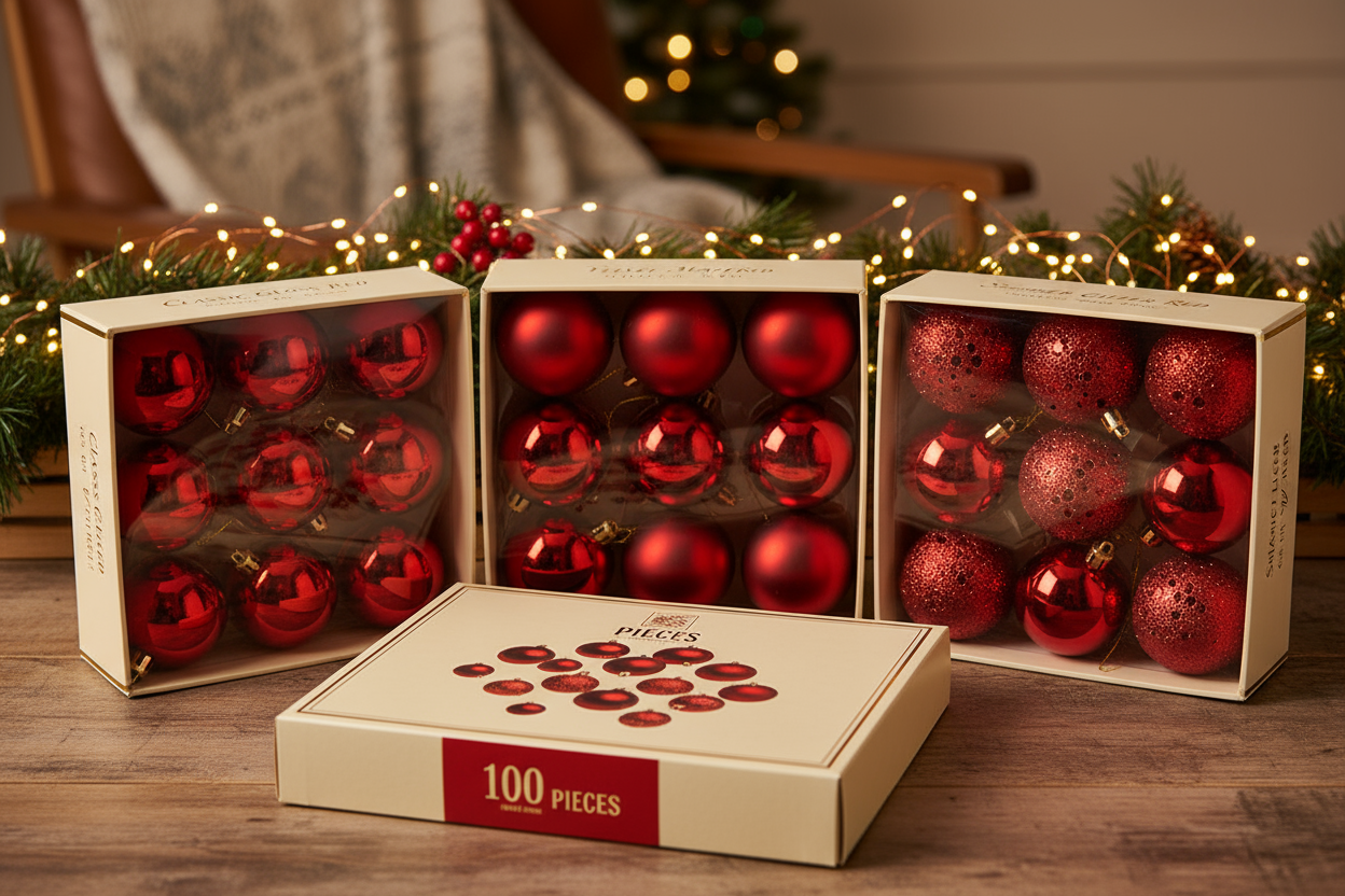 cozy обстановка която да наблегне на позиционирането на коледните топки като искам всеки един вариант в отделна кутия.Christmas Red – glossy, matte, perforated glitter / Christmas Red – mixed textures, 3 sizes (3 cm, 4 cm, 6 cm)
да пише че са 100 pieces някъде