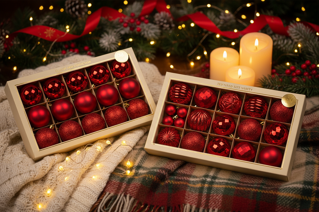cozy обстановка която да наблегне на позиционирането на коледните топки като искам всеки един вариант в отделна кутия.Christmas Red – glossy, matte, perforated glitter / Christmas Red – mixed textures, 3 sizes (3 cm, 4 cm, 6 cm)
Да пише че са 50 pieces някъде