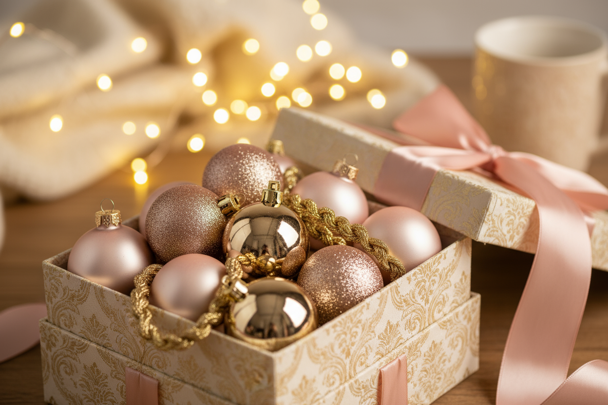 cozy обстановка която да наблегне на позиционирането на коледните топки в кутия.Christmas tree baubles in pink and gold, one size, featuring glossy, matte and sparkling finishes, packed together with a decorative gold braid.