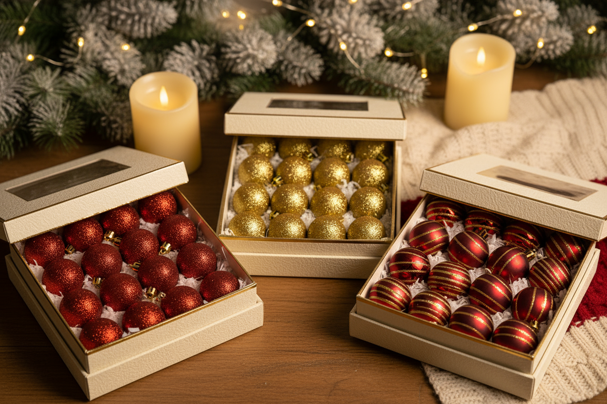 cozy обстановка която да наблегне на позиционирането на коледните топки като искам всеки един вариант в отделна кутия.Christmas Tree Baubles – Red Glitter, Gold Glitter, Dark Red with Gold Stripe – 20 pcs small size
