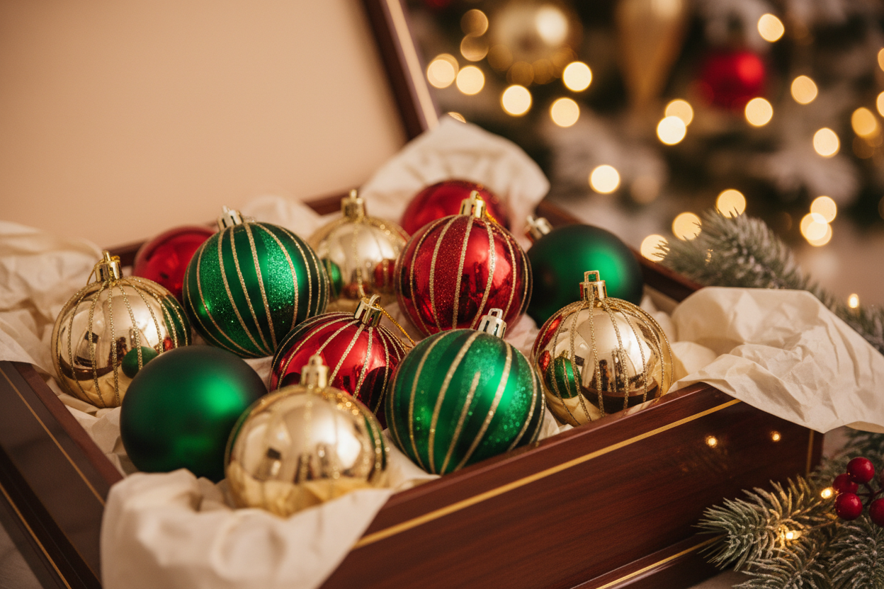 cozy обстановка която да наблегне на позиционирането на коледните топки в кутия.Christmas tree decorations – balls in champagne, dark bottle green, and red with glitter stripes in corresponding shades, in a pack