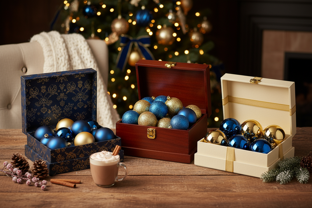 cozy обстановка която да наблегне на позиционирането на коледните топки като искам всеки един вариант в отделна кутия.Dark blue & Gold – matte, glittered, glossy with    
