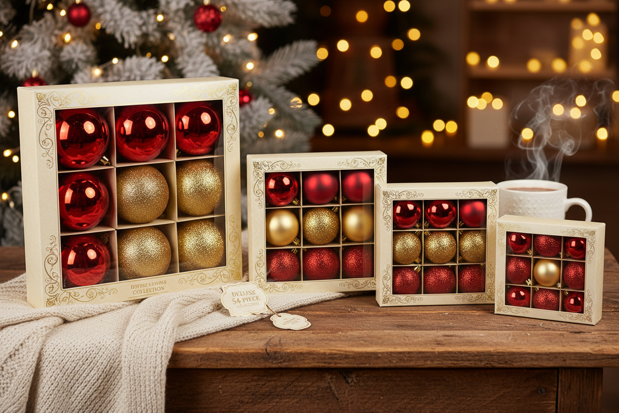cozy обстановка която да наблегне на позиционирането на коледните топки като искам всеки един вариант в отделна кутия.Deluxe Bauble Set – Red & Gold, 4 Sizes, Glossy, Matte, Glitter – 54 pcs
