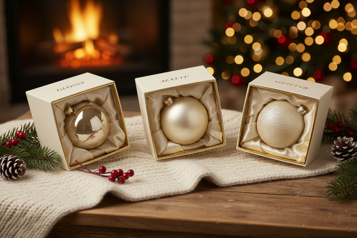 cozy обстановка която да наблегне на позиционирането на коледните топки като искам всеки един вариант в отделна кутия.Ecru – glossy, matte, glitter
