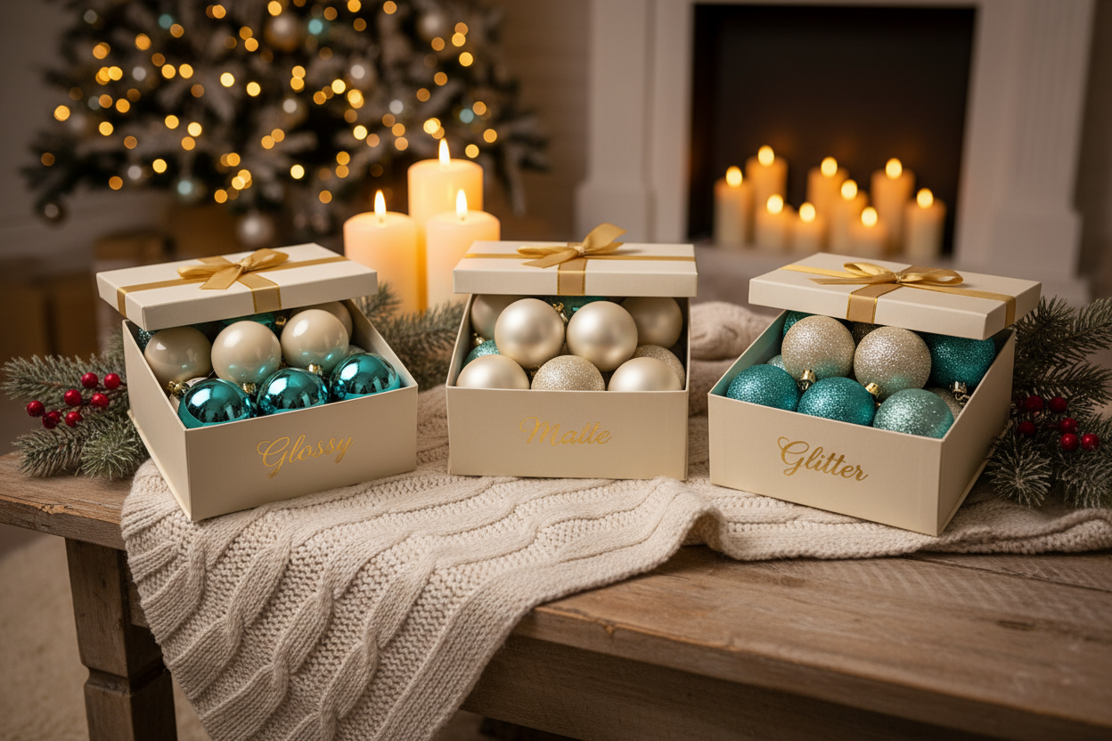 cozy обстановка която да наблегне на позиционирането на коледните топки като искам всеки един вариант в отделна кутия.Ecru & Turquoise – glossy, matte, glitter
