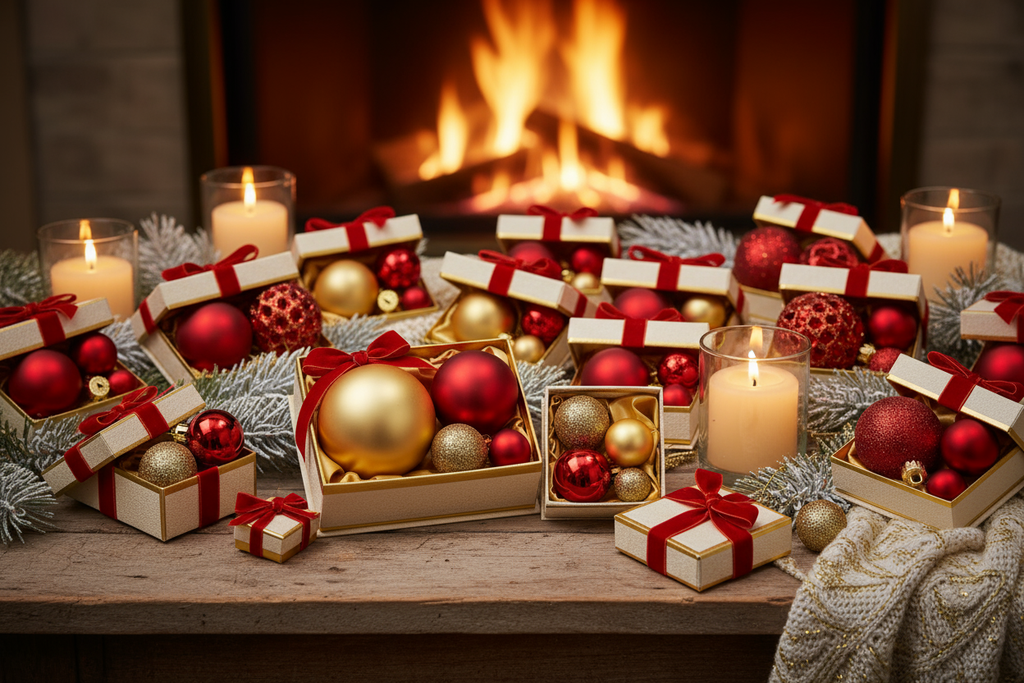 cozy обстановка която да наблегне на позиционирането на коледните топки като искам всеки един вариант в отделна кутия.Mixed-Texture Baubles – Gold & Red, 3 Sizes, Matte, Glossy, Perforated Glitter – 50 pcs