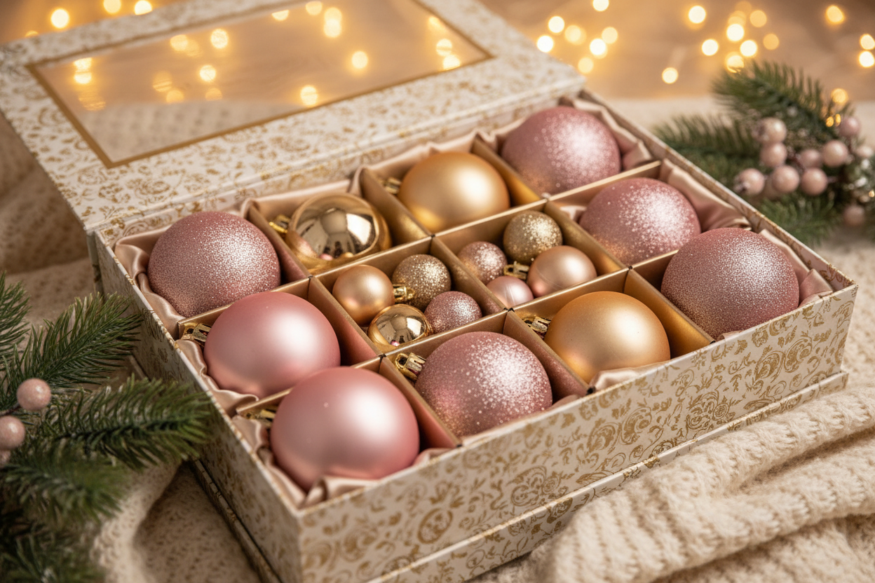 cozy обстановка която да наблегне на позиционирането на коледните топки в кутия.Set of Christmas Baubles Pink Matte Glitter 4–6–8–10 cm – 55 pcs. Christmas tree ornaments in pink and gold, featuring four sizes and a mix of glossy, matte and sparkling finishes, all beautifully packed together
