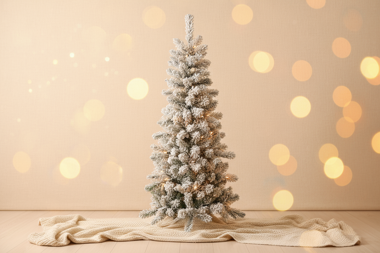 в cozy коледен фон отличаващ бялото на елхата но по изчистен понеже все пак е снимка за обява- Коледна елха Slim, зелена, заснежена, с 549 клона – 180 cm
Коледна елха, зелена, тънък модел (slim), заснежена  с 549 вградени клонки (метална вътрешна конструкция и PVC материал). Разполага с метална основа и лесен монтаж.Размери на опаковката 105x25x28cm
Диаметър х Височина 86x180cm
Вид елха Заснежено
Тип на елхата Slim
Размери на елхата Средно(130-185cm)