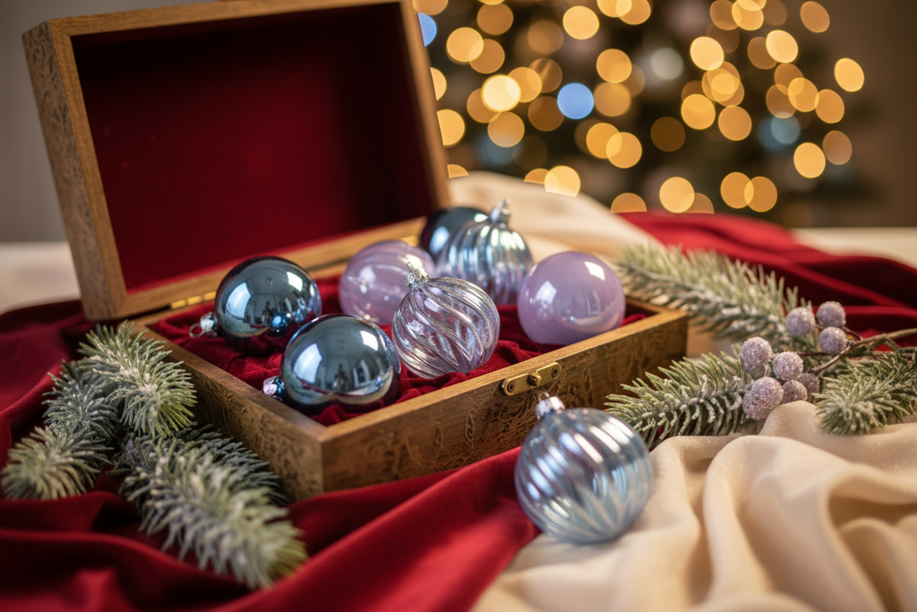 cozy обстановка която да наблегне на позиционирането на коледните топки в кутия.Transparent Blue & Lilac Baubles Smooth & Striped
without hands