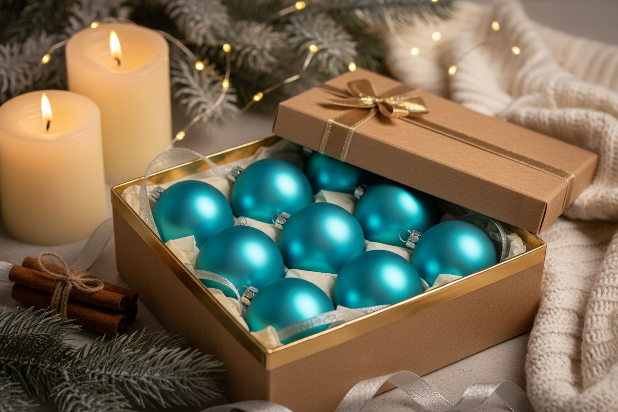 cozy обстановка която да наблегне на позиционирането на коледните топки в кутия.Turquoise Matte Baubles 8 cm – 6 pcs
