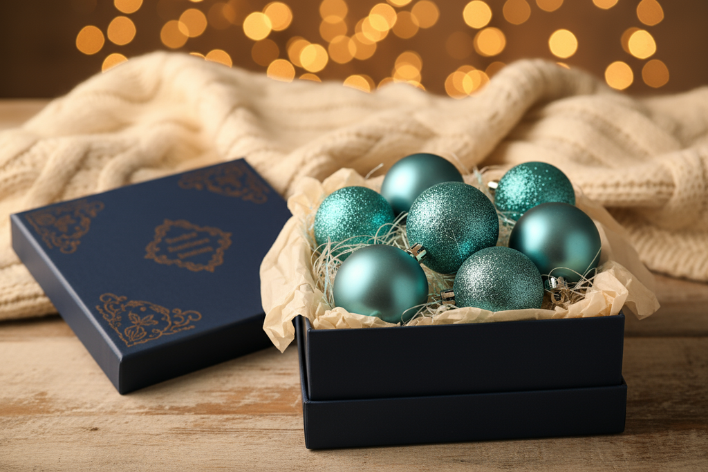 cozy обстановка която да наблегне на позиционирането на коледните топки в кутия.Turquoise Matte & Glitter Baubles
