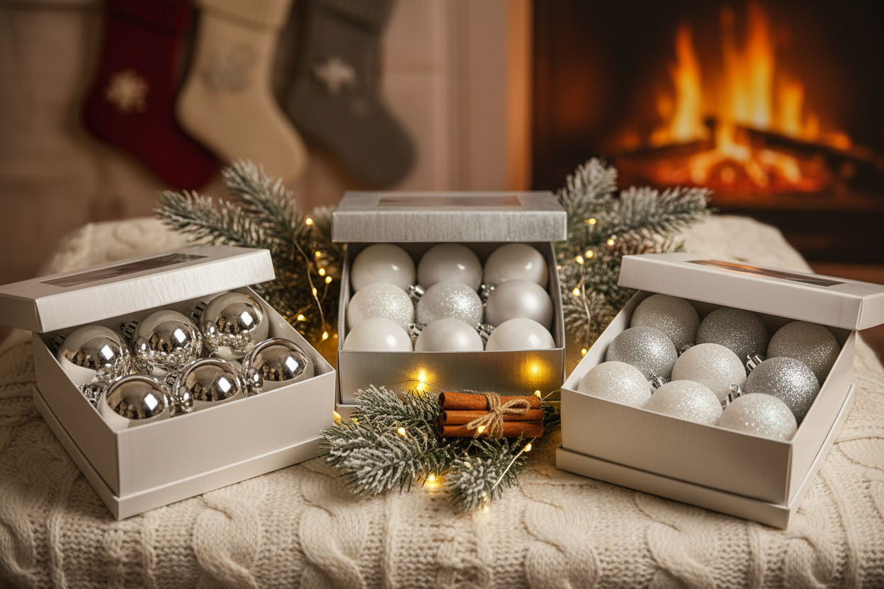 cozy обстановка която да наблегне на позиционирането на коледните топки като искам всеки един вариант в отделна кутия.White & Silver – glossy, matte, glittered    
