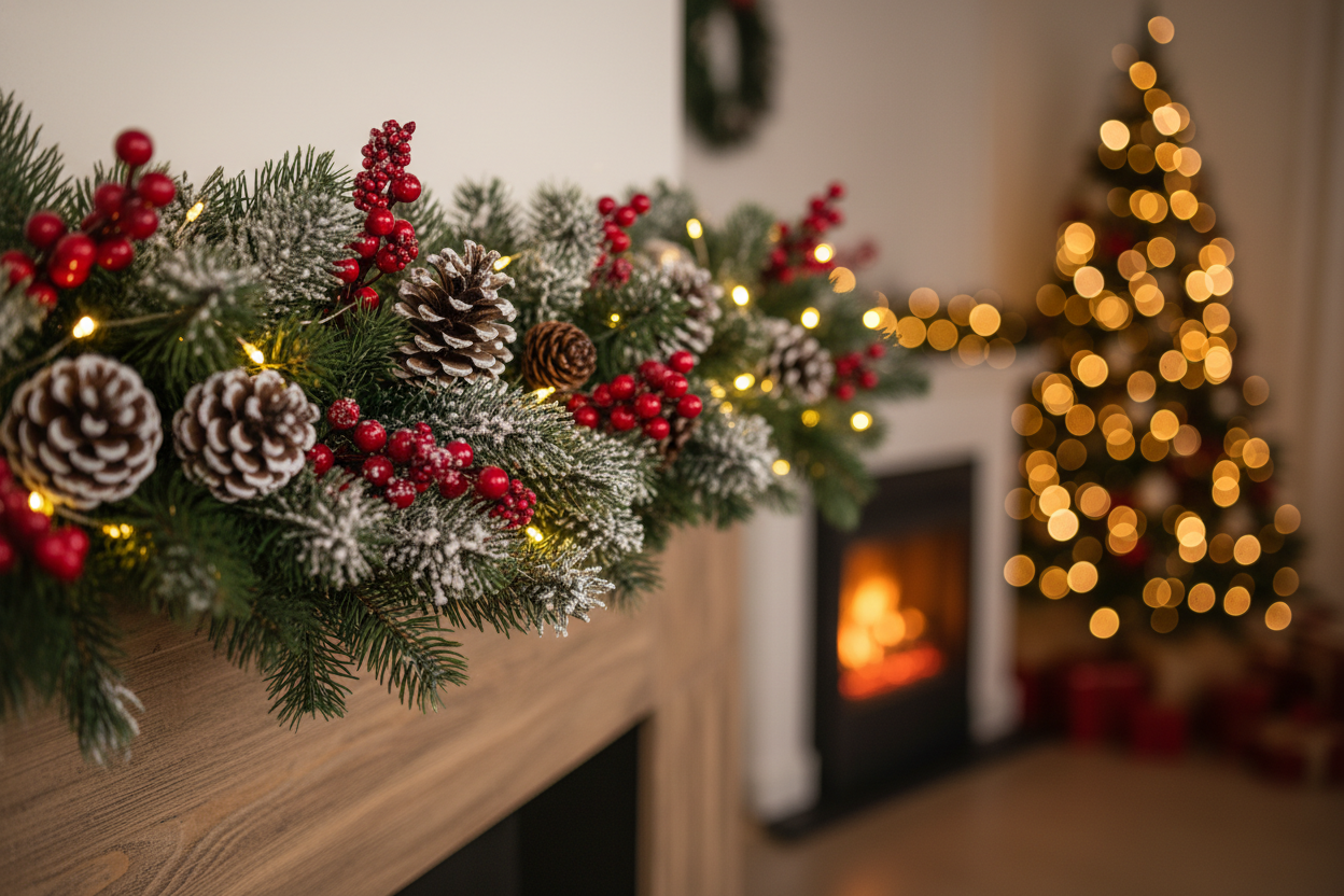 Коледен декоративен гирлянд, с елхови клонки с горски плодове , със заснежени шишарки и led лампички.Коледен декоративен гирлянд, в зелен цвят, с горски плодове & шишарки, 2.7mx8cm
cozy backgrnd focusin the item