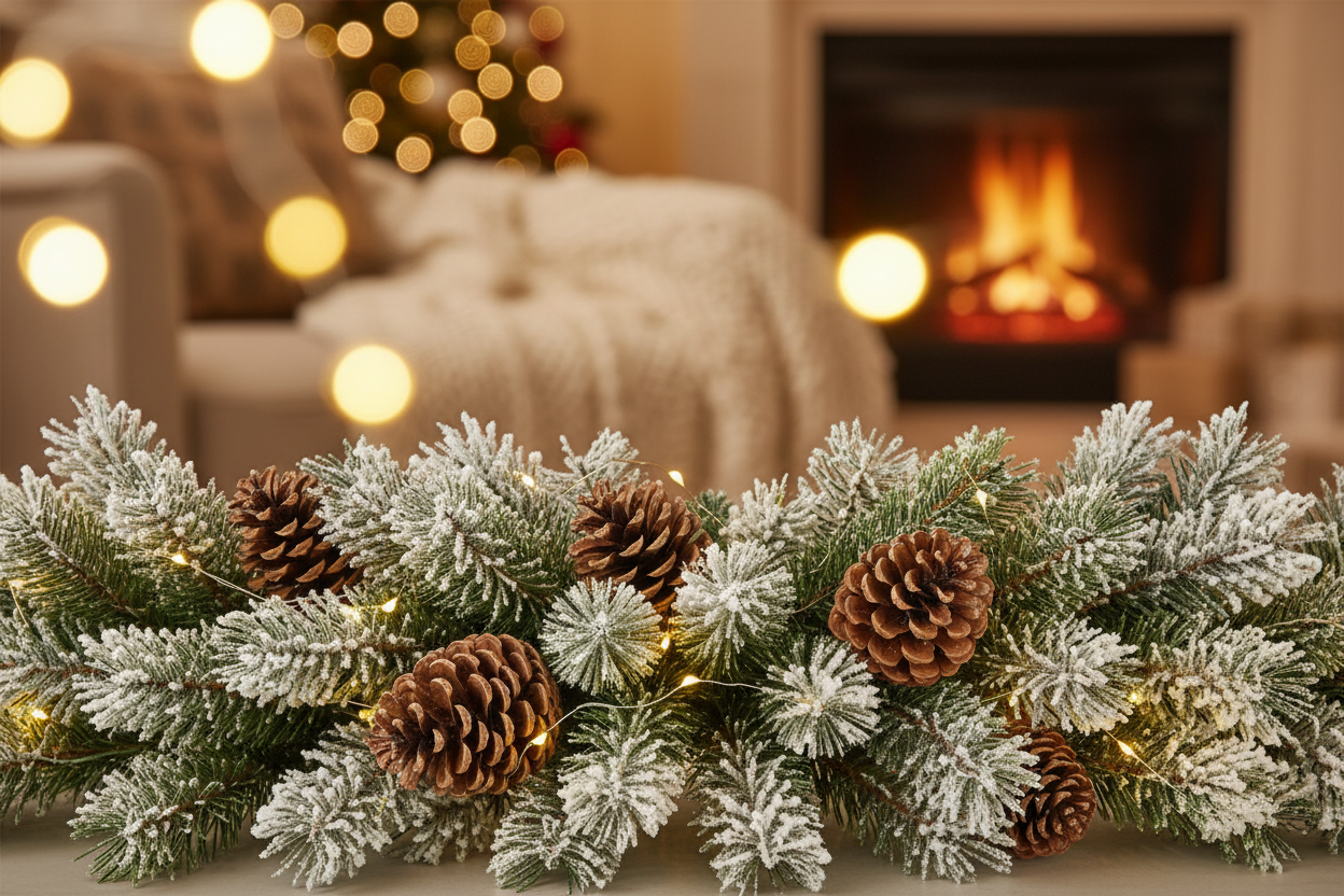 Коледна декоративна гирлянда със заснежени зелени клонки от ела и големи естествени шишарки. Клоните са вплетени с LED лампички с топла бяла светлина и 8 режима на работа. Работи с 3 батерии тип АА (не са включени).Украсете я самостоятелно или върху елхата и създайте неповторима празнична атмосфера! в cozy background fokus na itema 