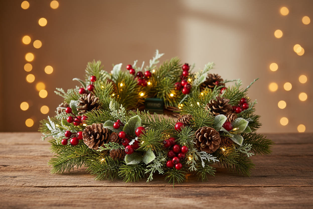 Коледен декоративен венец, с шишарки, горски плодове и led лампички във вътрешната част на венеца като не се виждат а само светлинката се вижда с батерии но по малък размер декоратиции и по basic. in cozy background focusing the item realistic 