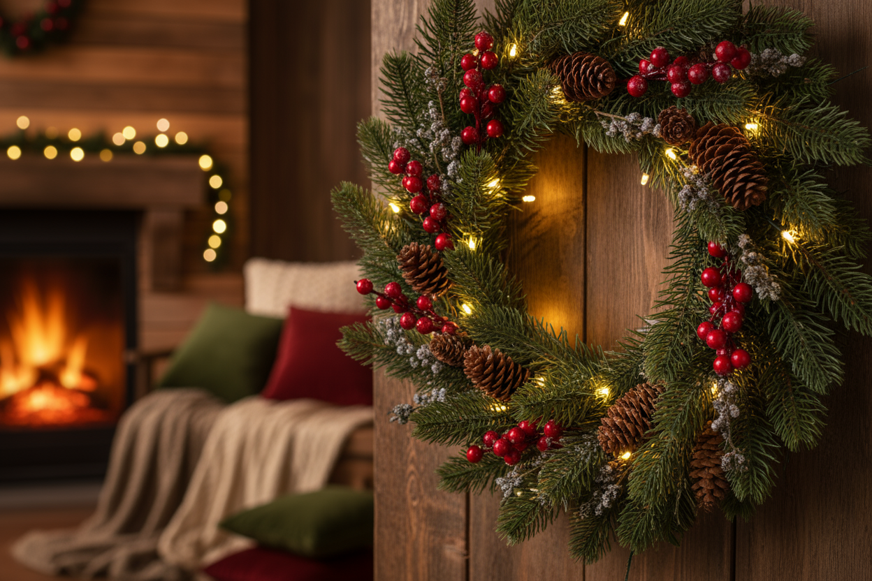 Коледен декоративен венец, с шишарки, горски плодове и led лампички във вътрешната част на венеца като не се виждат а само светлинката се вижда с батерии но по малък размер декоратиции и по basic. in cozy background focusing the item realistic 