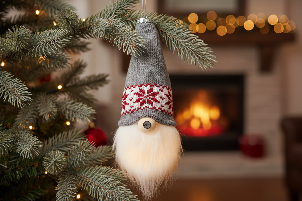 Коледна украса за елха - гном, със сива плетена шапка с бяла широка лента и червени украшения тип снежинки жакардов дизайн и с бяла брада. С led светлина във вътрешната част и бутон On/Off. позиционирай декорацията така че да виси на дърво примерно така че да показва как би седяла без някакви мерки и прочие просто да седи cozy вясащ от шапката 