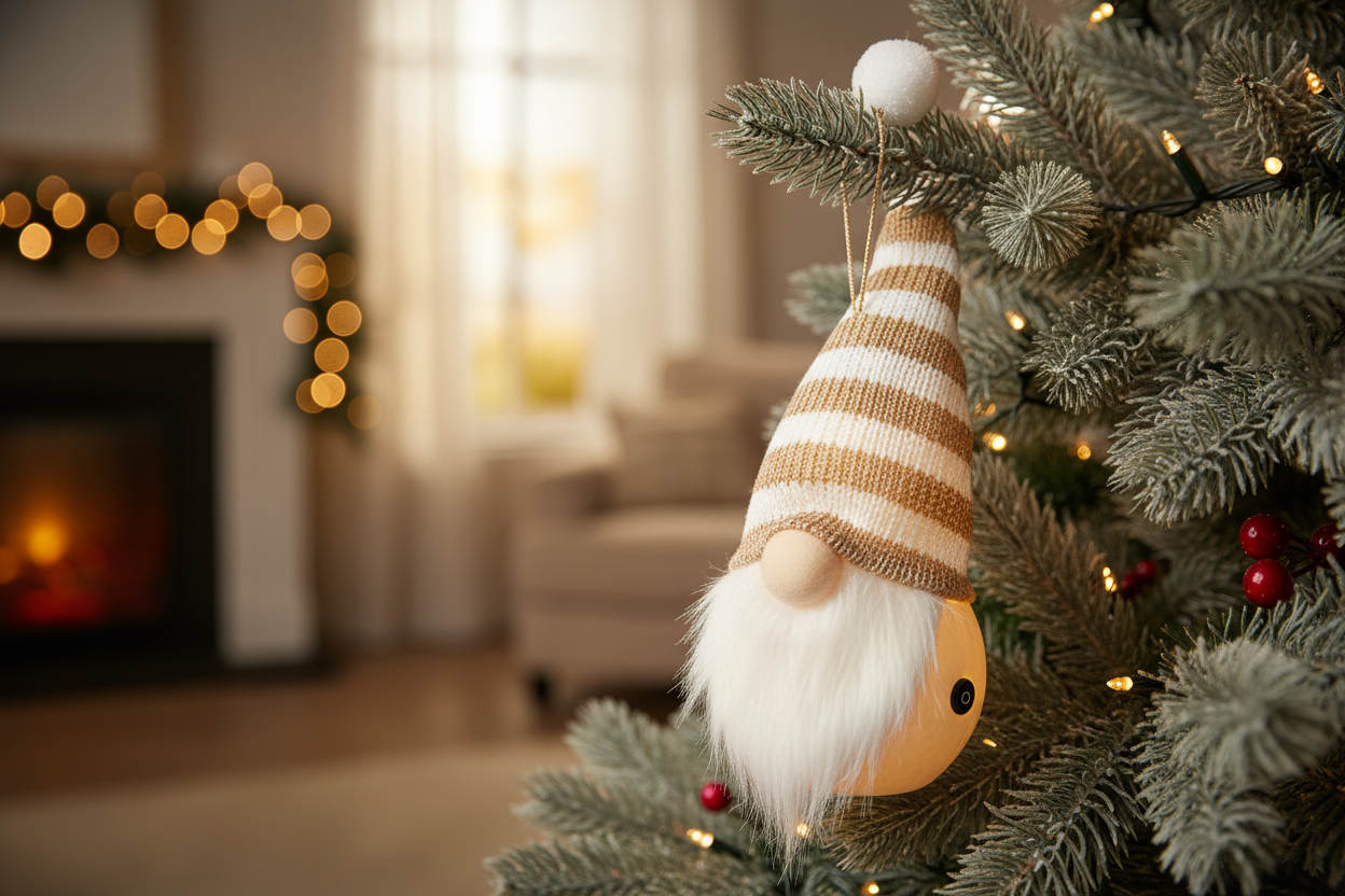 Коледна украса за елха - гном, с плетена шапка с ивици в цвят на шампанско и бяло и с бяла брада. С led светлина във вътрешната част и бутон On/Off. позиционирай декорацията така че да виси на дърво примерно така че да показва как би седяла без някакви мерки и прочие просто да седи cozy висейки от върха на шапката без стъклени куполи