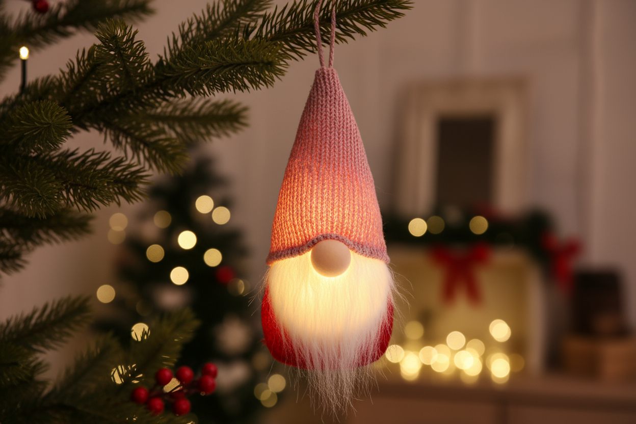 Коледна украса за елха - гном, с розова плетена шапка и с дълга брада. С led светлина във вътрешната част и бутон On/Off. позиционирай декорацията така че да виси на дърво примерно така че да показва как би седяла без някакви мерки и прочие просто да седи cozy висейки от върха на шапката без стъклени куполи