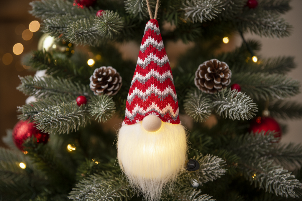 Коледна украса за елха - гном, с червена плетена шапка с ивици в зиг-заг дизайн като червените и белите ивици са по-широки а сивите са по-тесни точно между червените и белите и с бяла брада. С led светлина във вътрешната част и бутон On/Off. позиционирай декорацията така че да виси на дърво примерно така че да показва как би седяла без някакви мерки и прочие просто да седи cozy като виси от върха на шапката и без стъклен купол