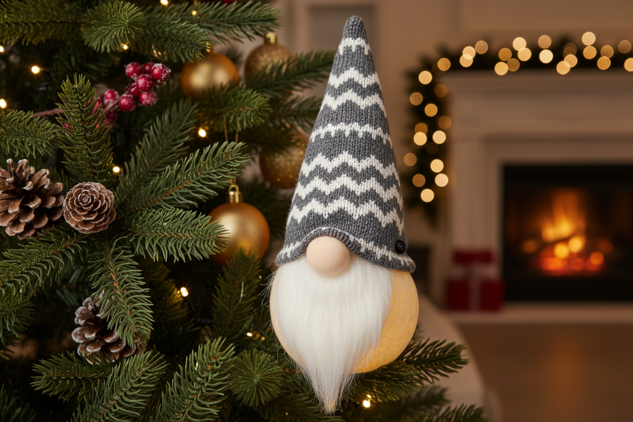 Коледна украса за елха - гном, със сива плетена шапка с жакардов дизайн на зиг заг ивици като има по-широки ивици в сиво бяла вълна като също така има по-широки бели ивици на зиг заг като между тях има такава но тънка в тъмно сив цвят  и с бяла брада. С led светлина във вътрешната част и бутон On/Off. позиционирай декорацията така че да виси на дърво примерно така че да показва как би седяла без някакви мерки и прочие просто да седи cozy висейки от върха на шапката без стъклени куполи